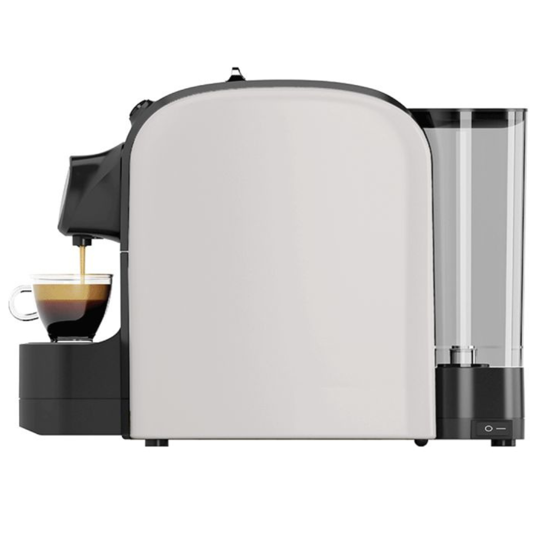 a white pod coffee machine with a cup of coffee