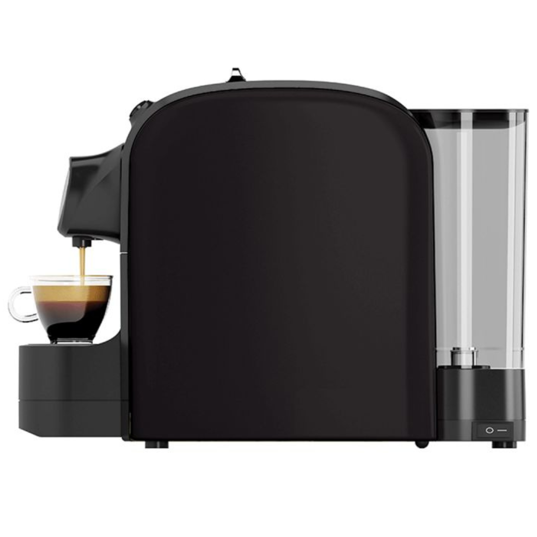 a black pod coffee machine with a cup of coffee
