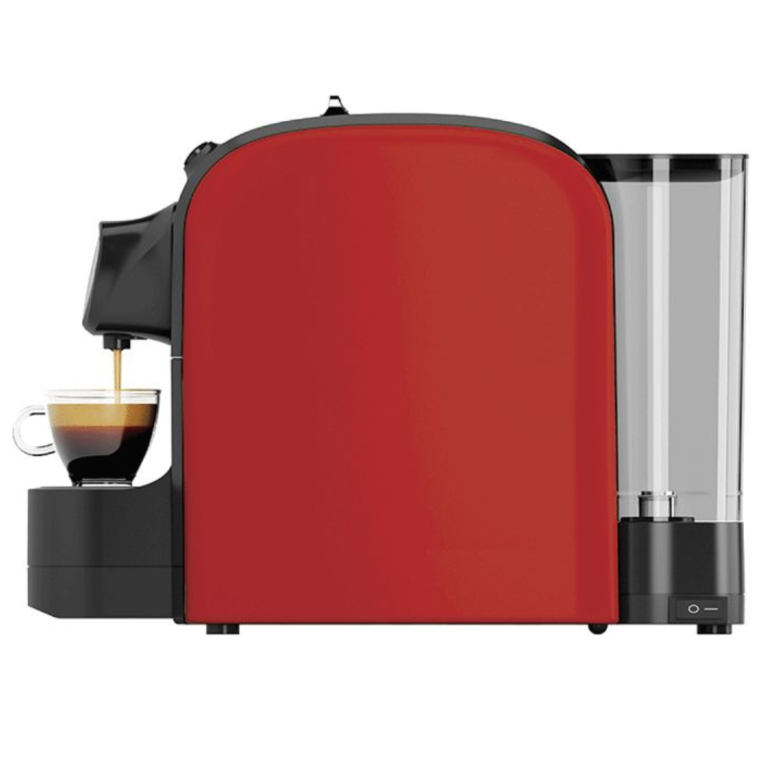 a red pod coffee machine with a cup of coffee