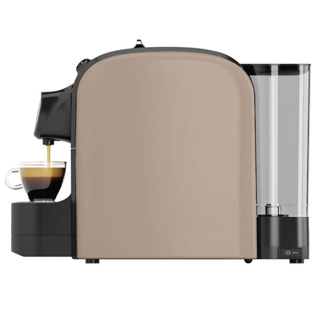 a taupe pod coffee machine with a cup of coffee