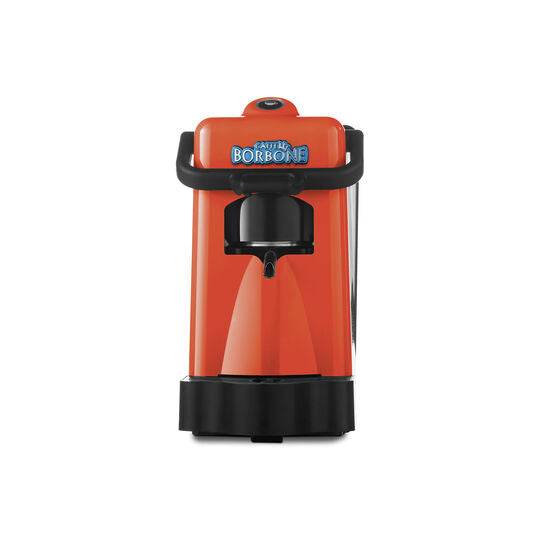 an orange coffee machine with a black handle