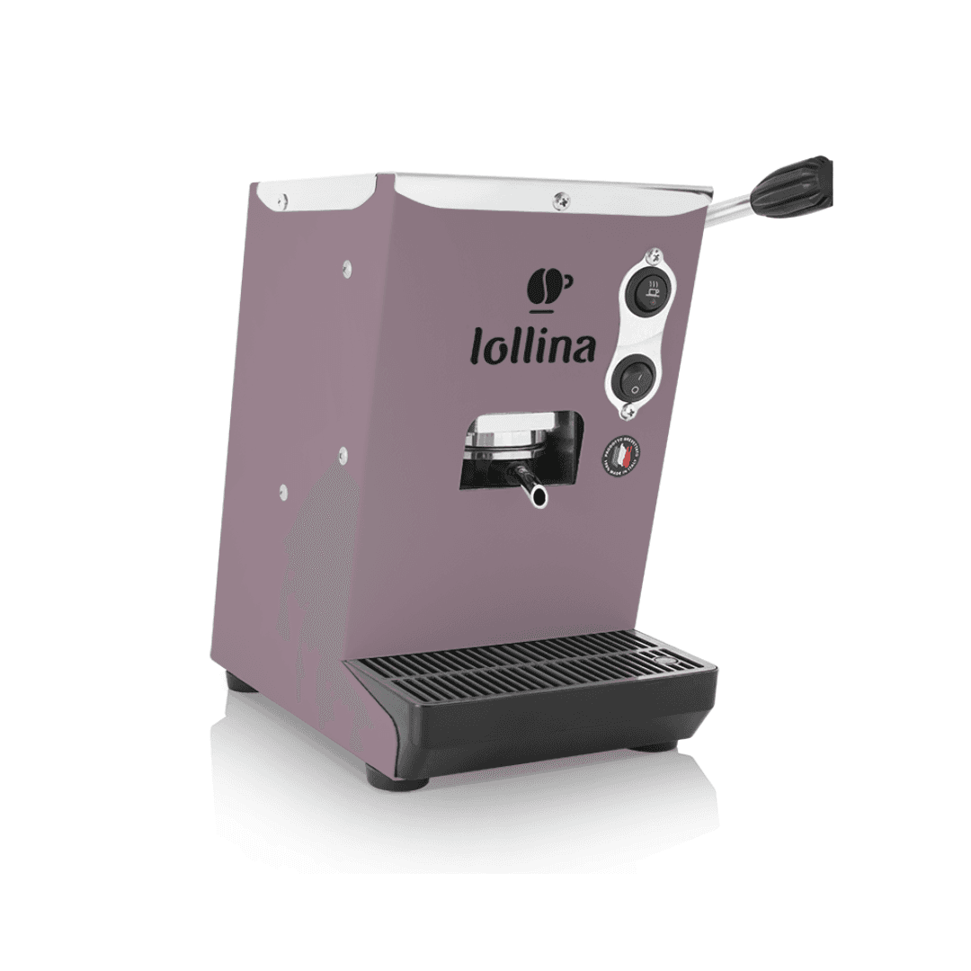 a pink coffee machine with a black handle on a white background