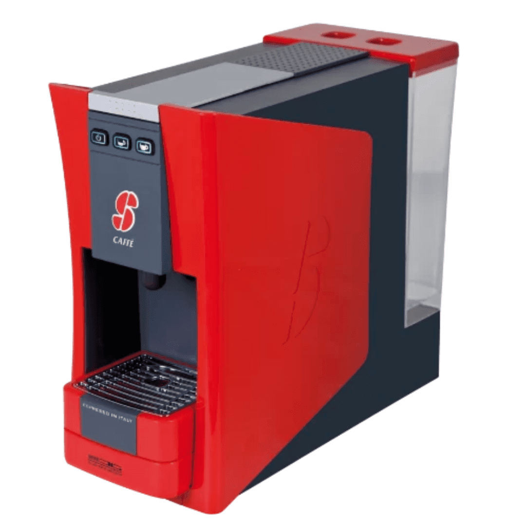 a red and black coffee machine on a white background