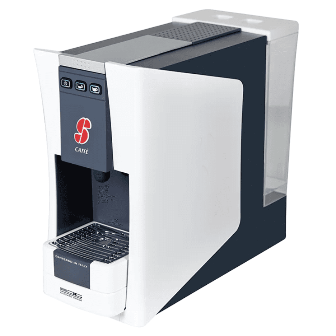 a white and black coffee machine on a white background