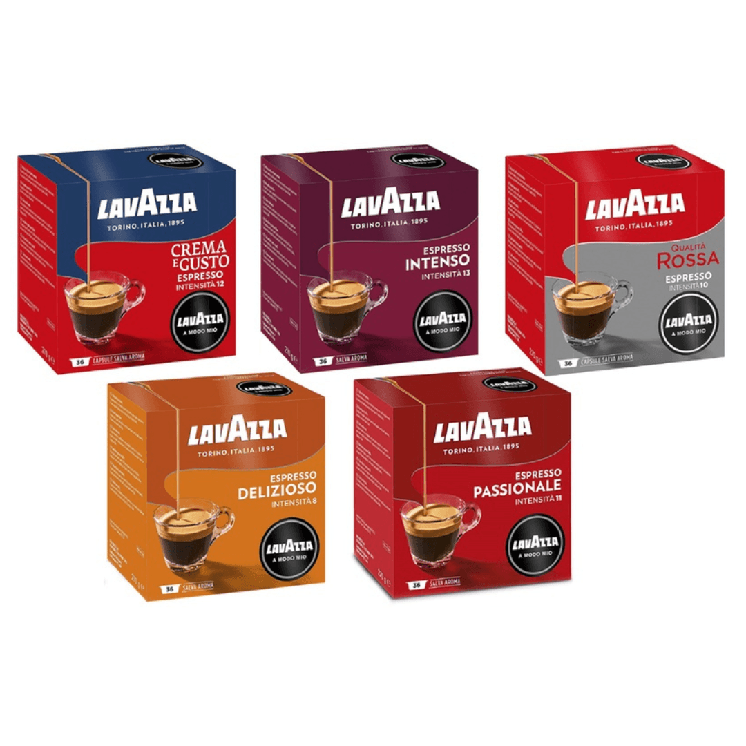 five box of lavazza a modo mio coffee on a white background