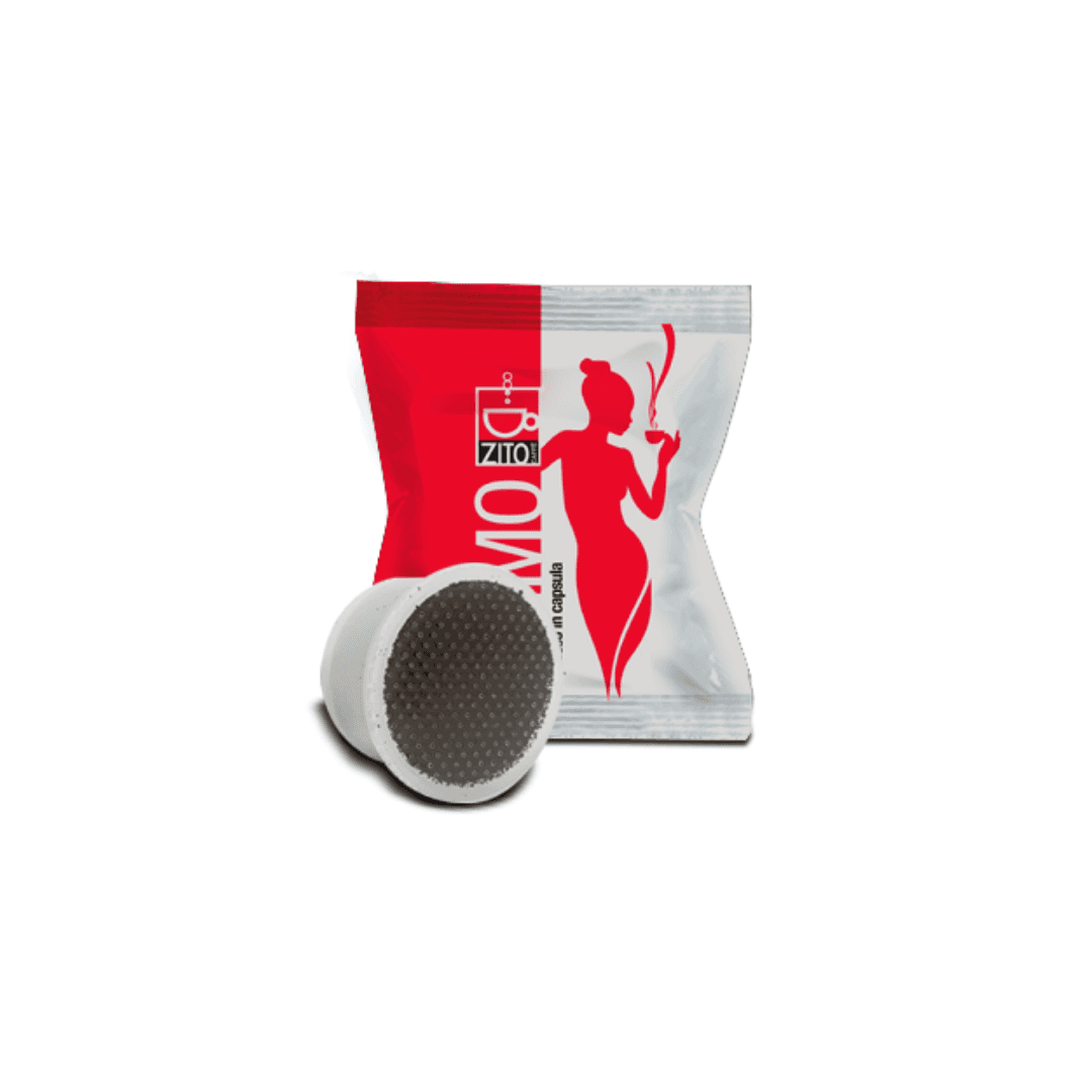 a white and red bag of coffee next to a lavazza coffee capsule