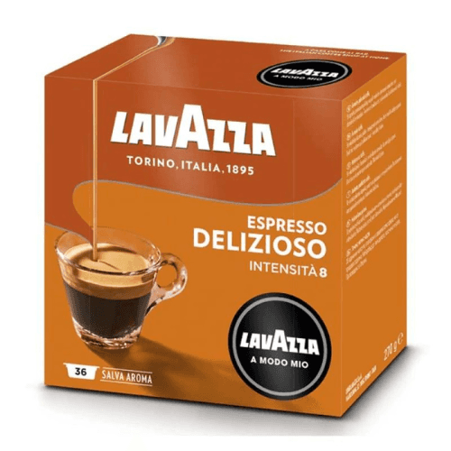 a box of lavazza a modo mio coffee on a white background