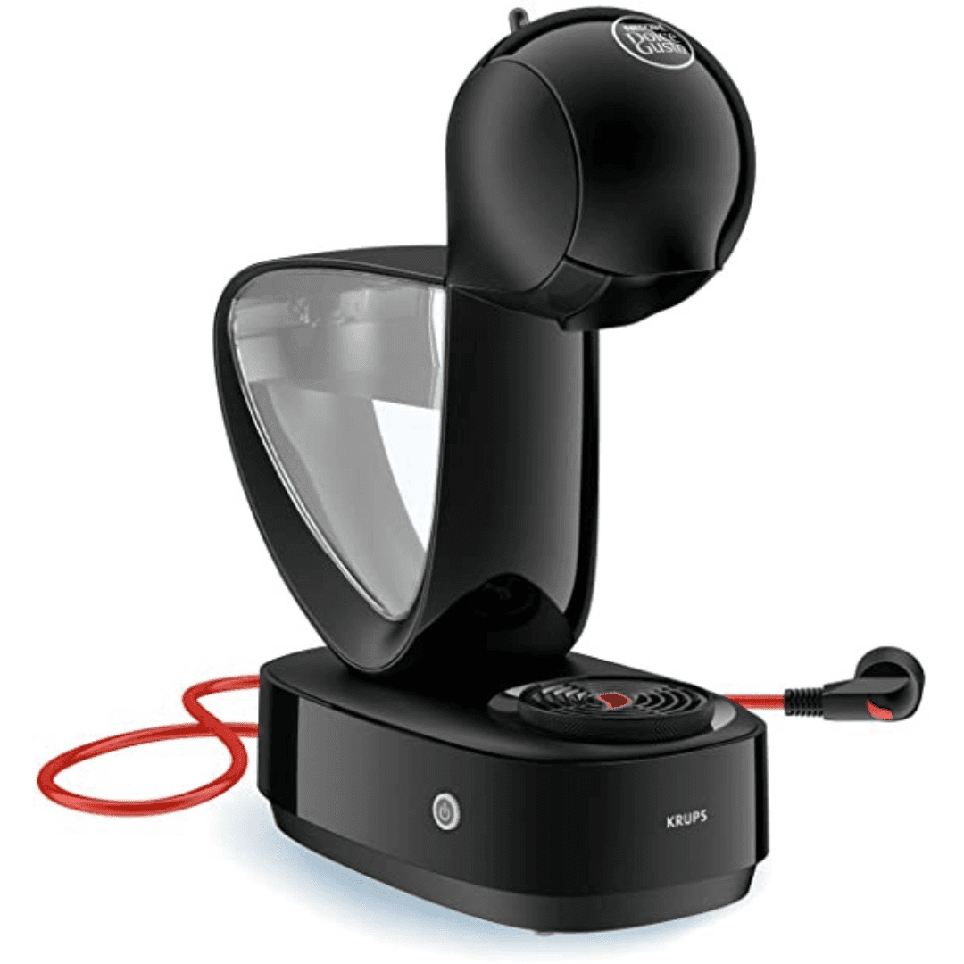 a black coffee machine with a red cord attached to it