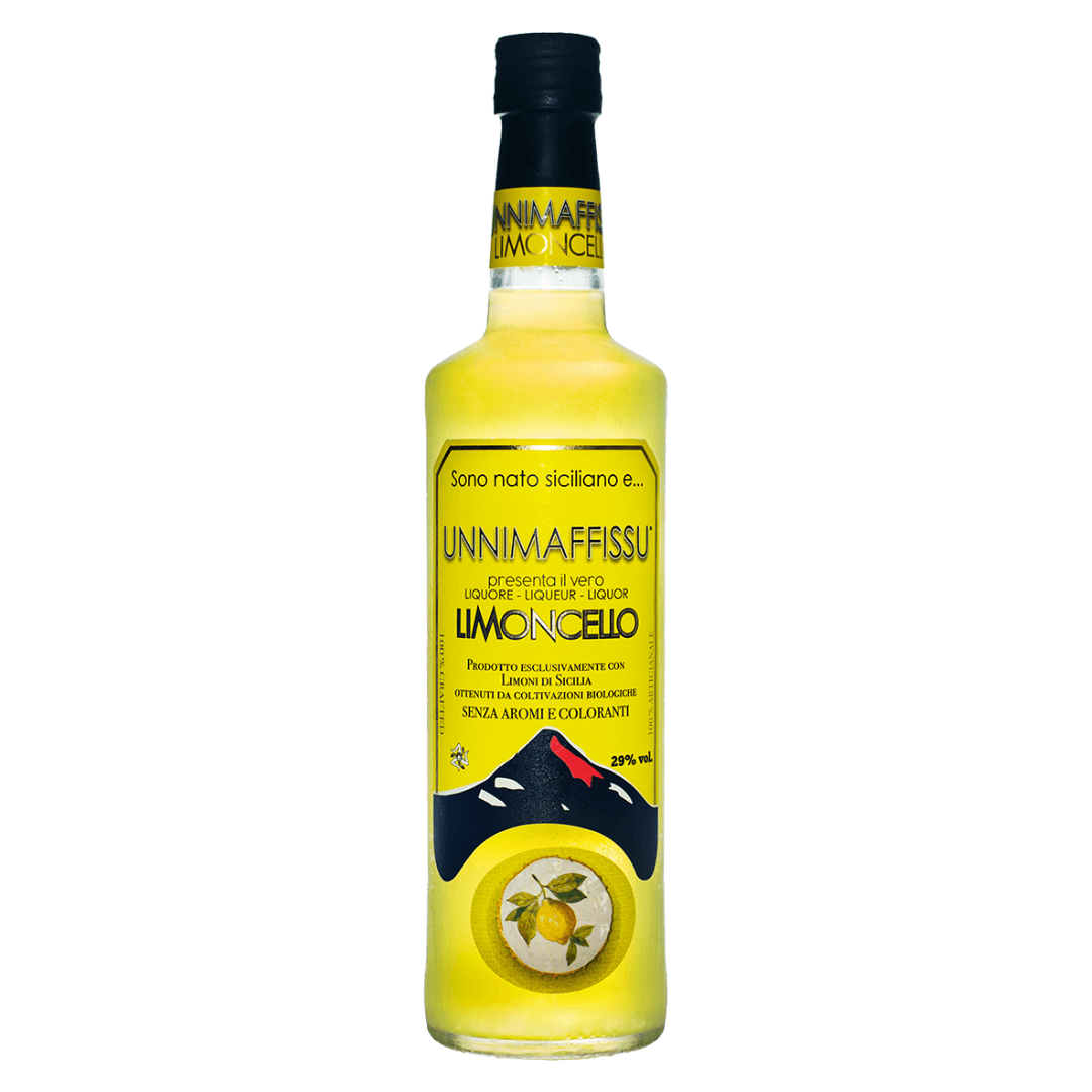 a bottle of limoncello in a white background