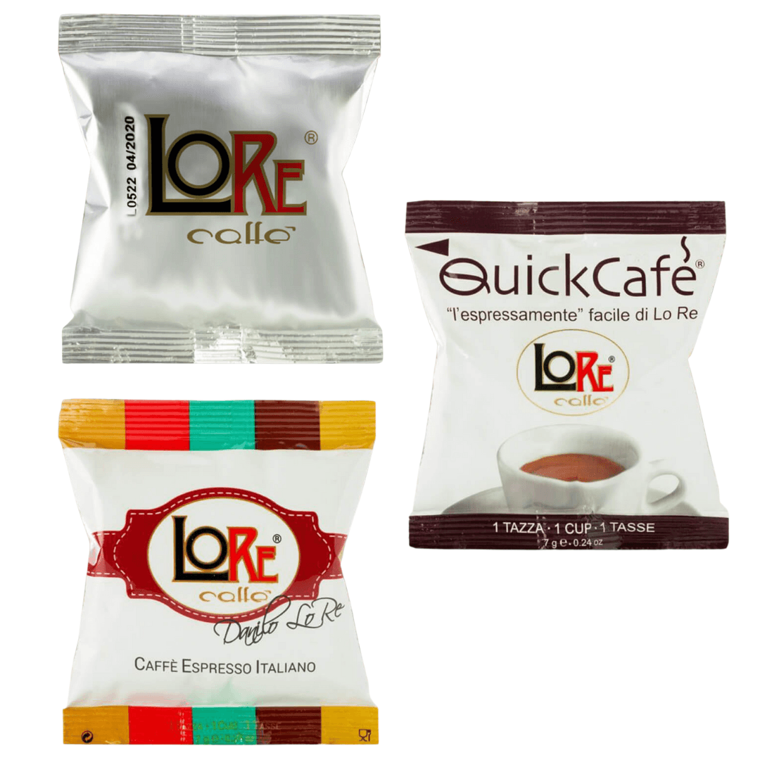 three bag of LoRe coffee pods on a white background