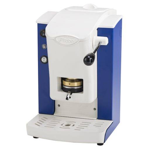 a white and blue coffee machine sitting on top of a counter
