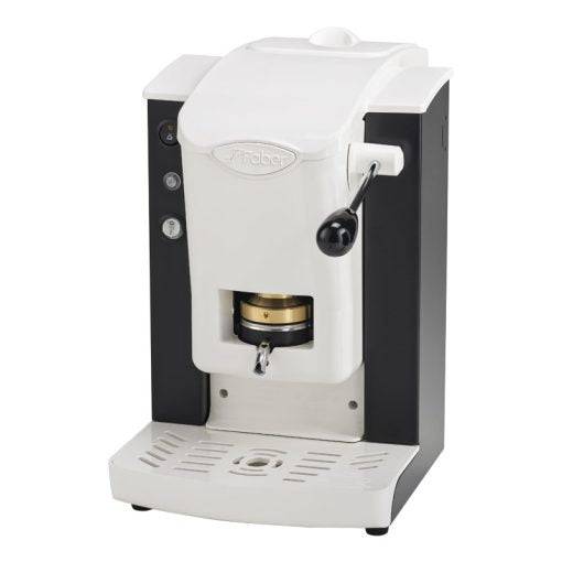 a white and black coffee machine on a white background