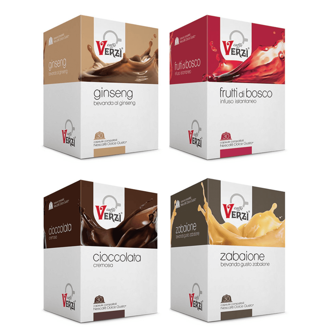 four box of Dolce Gusto instant drinks in a white background