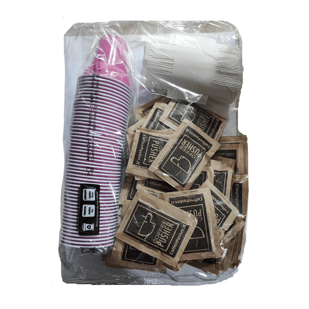 a package of sugar and cups in a plastic bag