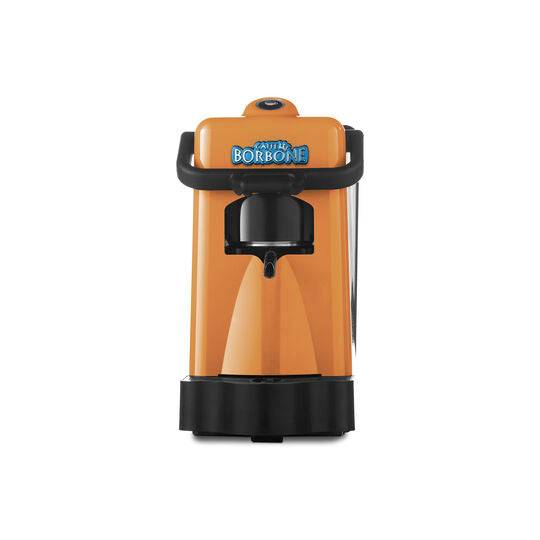 an orange coffee machine with a black handle