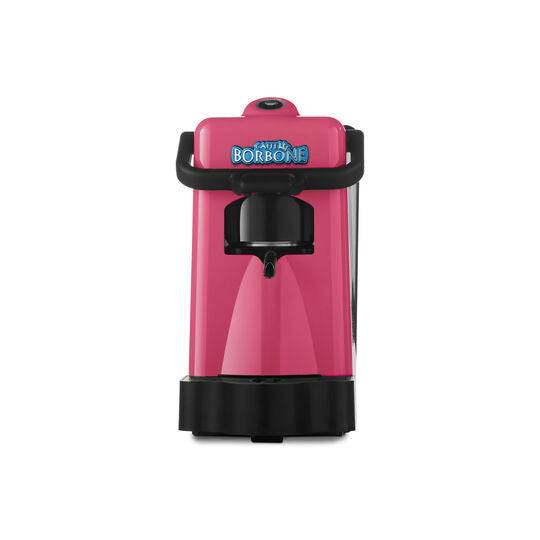 a pink coffee machine with a black handle